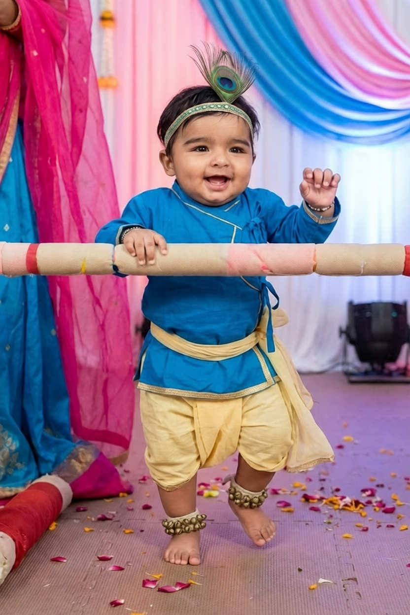 Baby Krishna with diya lamps