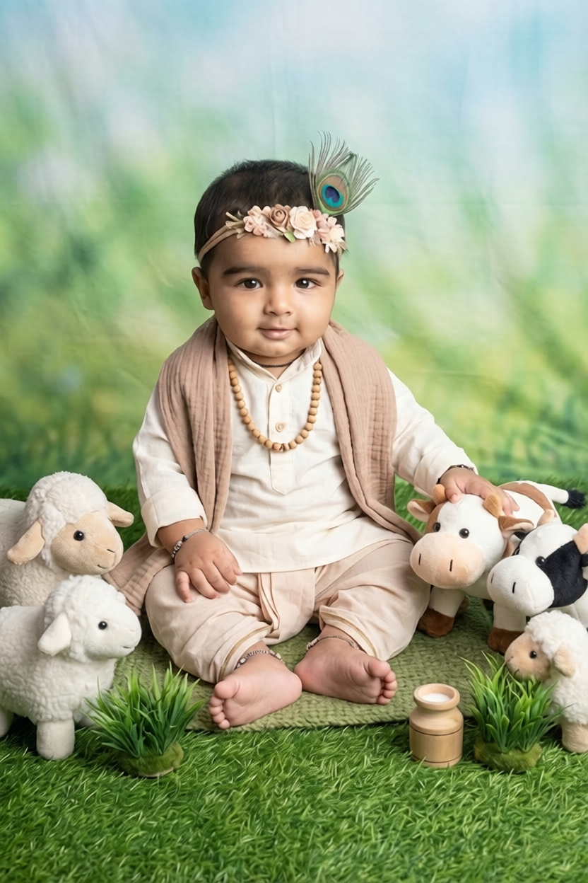 Baby Krishna on wooden swing