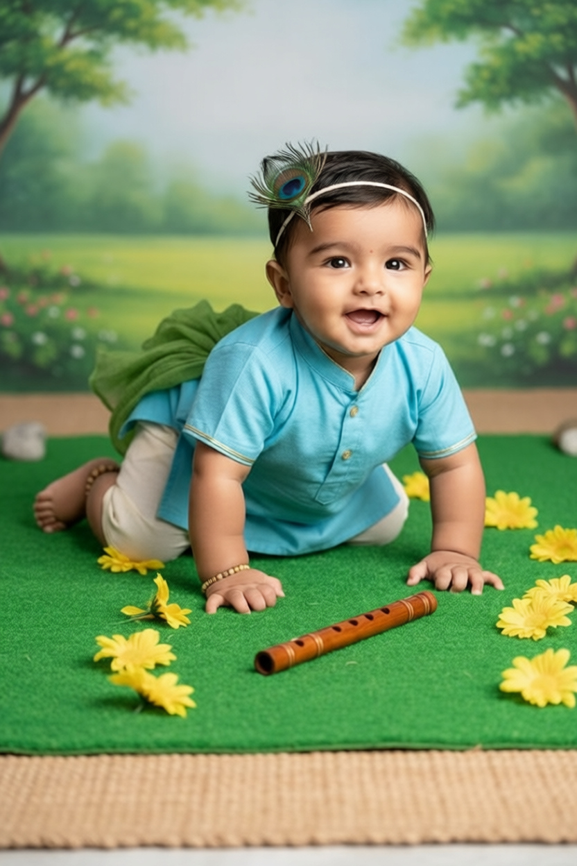 Collage showing the complete journey from reference photo to AI-generated Krishna baby portrait