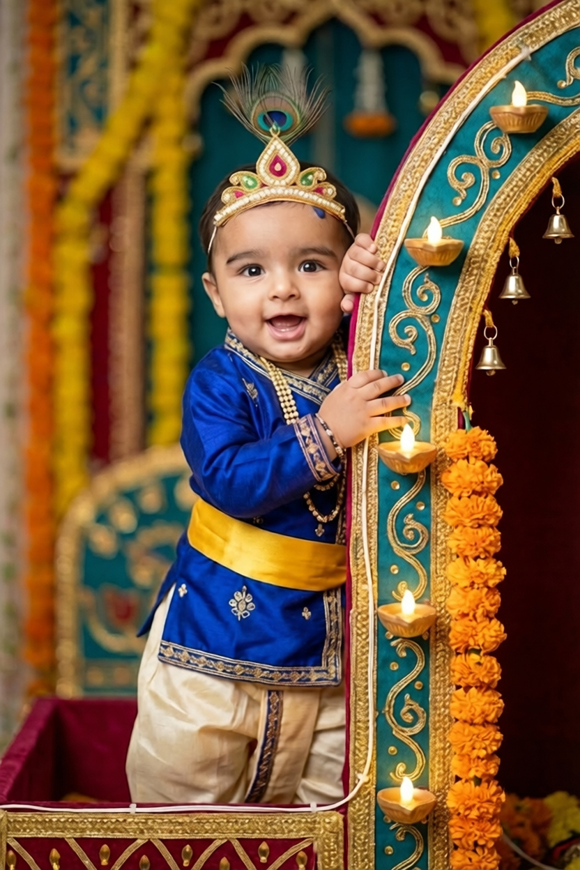 Baby Krishna in marigold garden